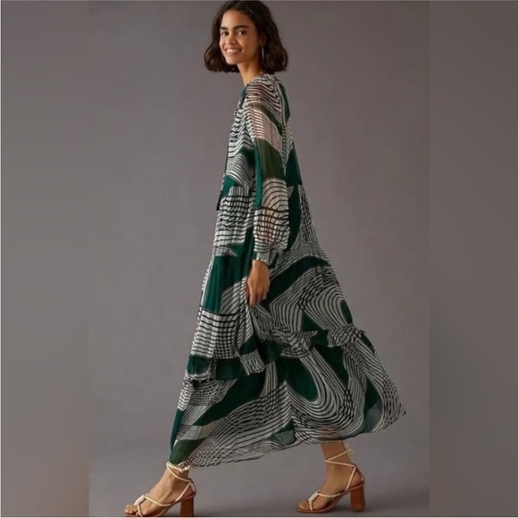 By Anthropologie Marais Green & Black Printed Chiffon Maxi Dress Size XL - Picture 3 of 13